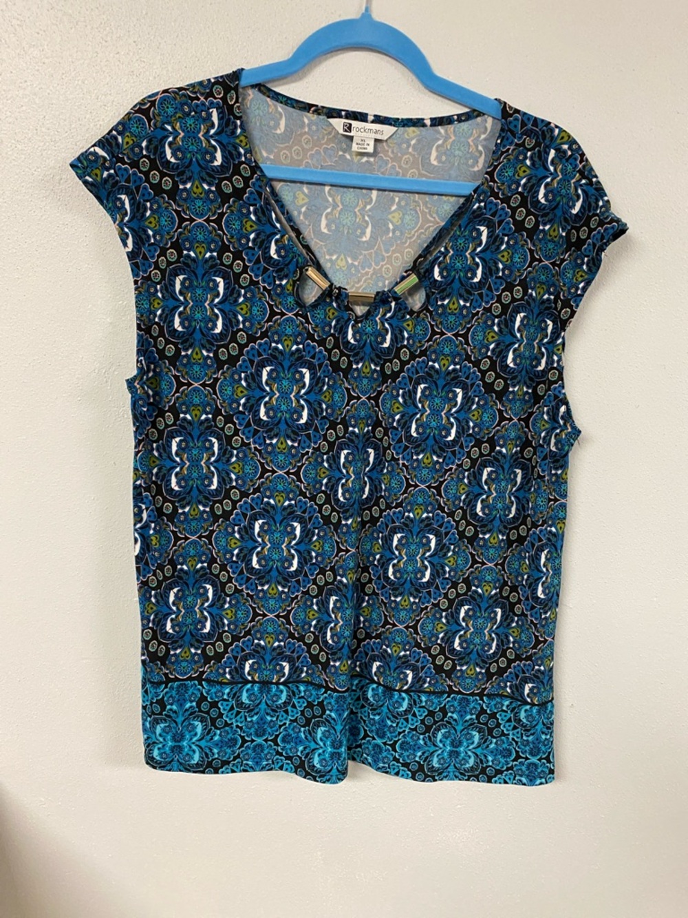Blue Patterned V-Neck Cap Sleeve Top by Rockmans